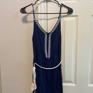 Navy blue empire waist, Grecian inspired maxi dress with tassel.